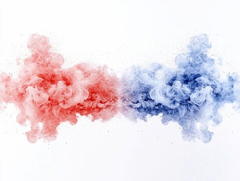 Two clouds of colorful smoke, one red and one blue, collide and swirl against a clean white background, creating an abstract, dynamic composition.