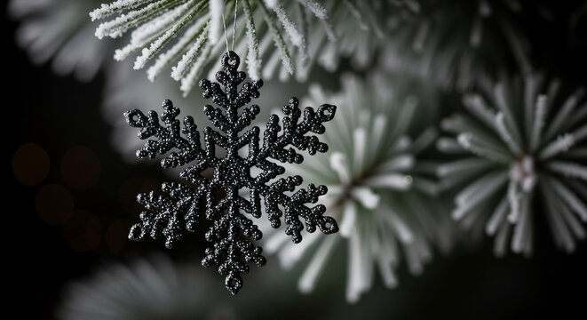 Black glitter snowflake ornament hanging on frosted pine branch. Dark gothic Christmas decoration concept - Powered by Adobe