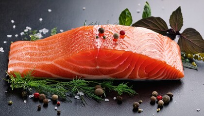 fresh salmon slice surrounded by spices and green herbs on surface
