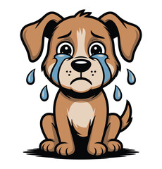 Fototapeta premium A sad, crying cartoon puppy with big, tear-filled eyes sits forlornly.