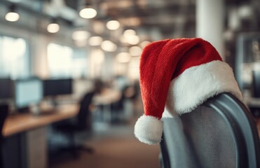 Red Santa hat on chair in modern tech office