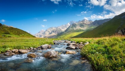 serene mountain landscape with flowing stream and blue sky