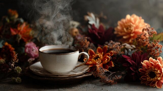 Steaming coffee in white cup amid vibrant autumnal floral arrangement