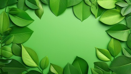 fresh green leaves frame on bright green background for nature themes