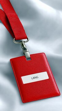 A close-up shot of a red leather ID badge holder with a white label displaying the name 'LANG', attached to a red lanyard. The holder rests on a light blue sati