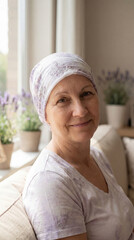 Portrait of a resilient woman wearing a headscarf on head sitting by the window and smiling during her cancer recovery journey.