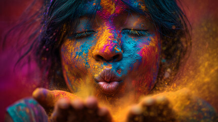 Joyful face covered in vibrant Holi powder celebration, capturing expressive emotion and cultural festival energy, ideal for marketing campaigns, travel promotions, celebration banners or social media