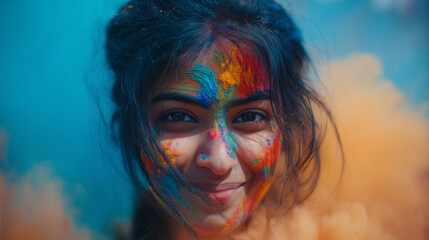 Joyful face covered in vibrant Holi powder celebration, capturing expressive emotion and cultural festival energy, ideal for marketing campaigns, travel promotions, celebration banners or social media
