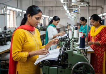 Indian women working diligently in a garment factory on sewing machines.