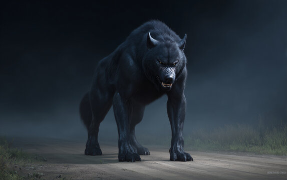 Ferocious werewolf Nahual beast standing on forest path at night, full-body view of mythical black shapeshifter creature with glowing eyes, used for fantasy book covers