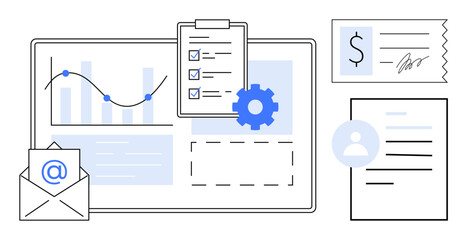 Data analytics chart, gear icon, checklist on clipboard, email envelope, financial receipt, and user profile. Ideal for business planning, data management, task organization finance productivity
