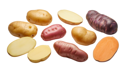 Colorful potatoes arranged on a modern surface for a vibrant and eye catching food still life, perfect for recipes, culinary projects, or farm-to-table designs, fresh produce