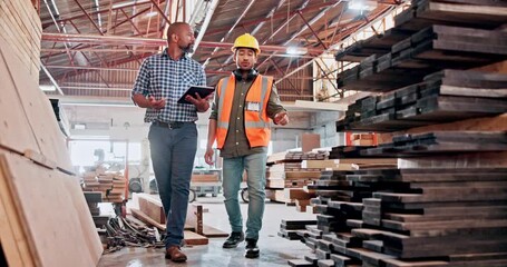 Talking, carpenter and men with tablet, inspection or discussion with supervisor for quality control. People, pointing and planning for furniture production with tech, inventory and collaboration