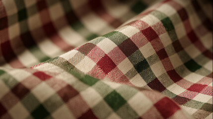 festive gingham fabric with red, green and beige stripes, soft folds and textured weave, ideal for Christmas designs, textile patterns and seasonal backgrounds