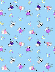 Whimsical cow pattern dancing under the moonlight, a charming and playful design perfect for children's products and nursery decor with a delightful cartoon vibe