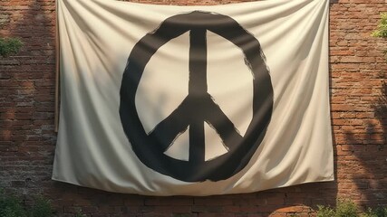 Peace symbol banner displayed on brick wall with greenery  