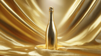 Luxury champagne bottle with golden foil wrapping on black background, elegant packaging concept for New Year parties, premium events, celebration banners and product advertisements