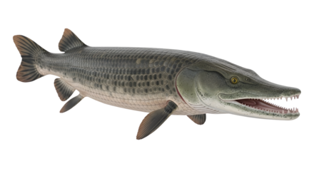 Detailed long-nosed gar fish with sharp teeth on a clean background
