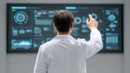 Doctor or scientist analyzing data on high-tech display in modern research facility 4k video footage - Powered by Adobe