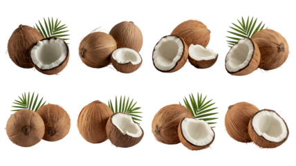 Fresh coconuts with green palm leaves, perfect for tropical themes, summer vibes, exotic recipes, and healthy lifestyle advertisements, ideal for food blogs and menus