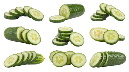 Fresh green cucumbers sliced and arranged artfully offer a natural, healthy eating concept for wellness blogs, culinary content, and vibrant vegetarian recipes