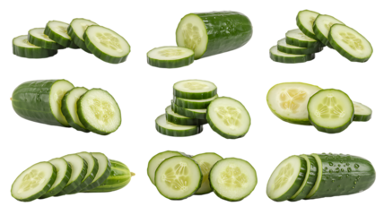 Fresh green cucumbers sliced and arranged artfully offer a natural, healthy eating concept for wellness blogs, culinary content, and vibrant vegetarian recipes
