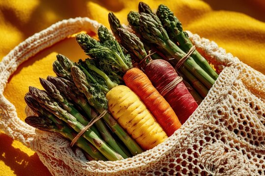 Colorful vegetables in a mesh bag arranged on a yellow background - Powered by Adobe