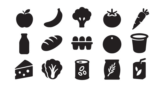 Vector set of black silhouette food icons, collection of healthy fruit and vegetable symbols