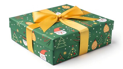 Christmas gift box wrapped in green paper with festive holiday themed designs