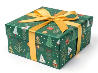 Beautifully wrapped christmas gift with a gold ribbon on a white background