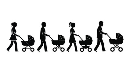Silhouettes of parents pushing baby strollers isolated on white background, Vector