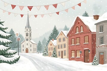 Winter wonderland village street with church, houses and snow