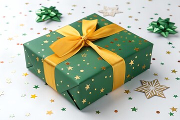 Beautifully wrapped green christmas present with gold ribbon and star confetti decor