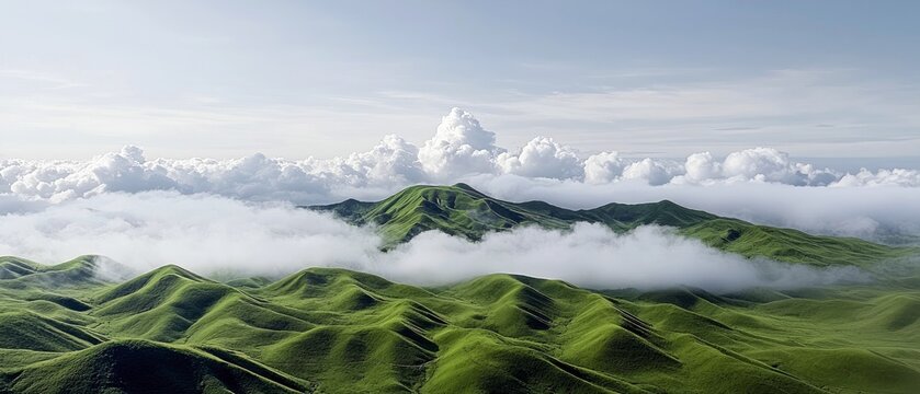 A panoramic view of lush green rolling hills shrouded in soft fog, with dramatic clouds in the sky above.