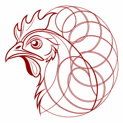 Stylized geometric rooster head outline in dark red chicken bird