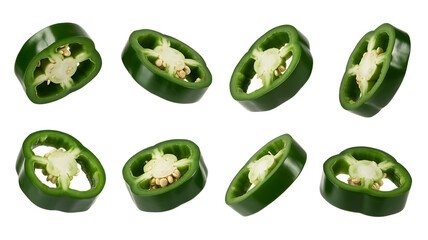 Freshly cut vibrant green jalapeno pepper slices offer a spicy kick for your culinary creations, ideal for food photography, recipe blogs, and healthy eating promotions