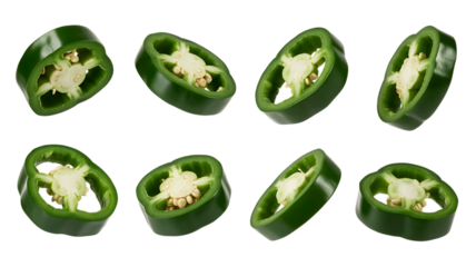 Freshly cut vibrant green jalapeno pepper slices offer a spicy kick for your culinary creations, ideal for food photography, recipe blogs, and healthy eating promotions