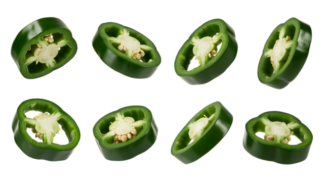 Freshly cut vibrant green jalapeno pepper slices offer a spicy kick for your culinary creations, ideal for food photography, recipe blogs, and healthy eating promotions