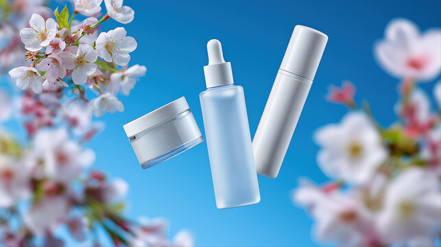 Elegant skincare products with cherry blossoms on a clear blue background
