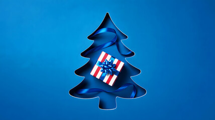 A christmas tree cutout with a wrapped gift and blue ribbon on a blue gradient background design