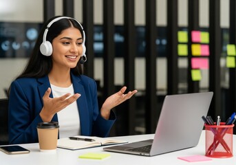 Professional woman wearing headset actively communicating during a video conference call.