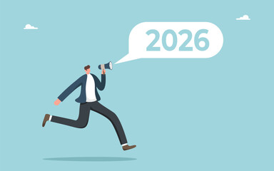Demonstration of leadership qualities in new 2026, preparation of employees for future business development, setting business goals to achieve heights, man announcing new 2026 through megaphone.