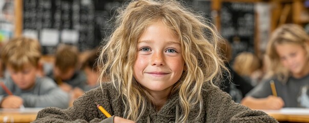 Smiling young girl participating in classroom activity with peers in the background