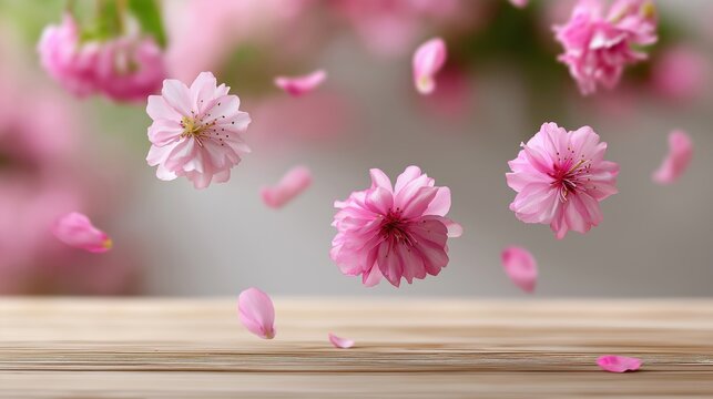 Floating pink cherry blossoms with petals on wooden surface - Powered by Adobe