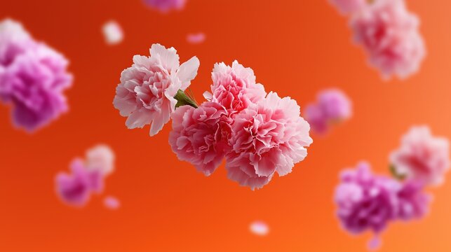 Pink carnations floating on vibrant orange background - Powered by Adobe