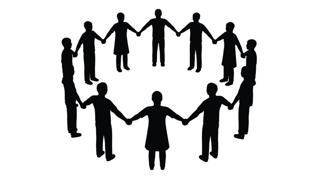 People holding hands in a circle silhouette isolated on white background, Vector