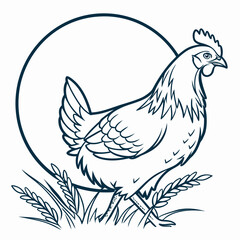 Hen standing in wheat with a circular frame chicken bird