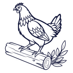 Line Drawing of a Hen Perched on a Log with Branches on White Background chicken