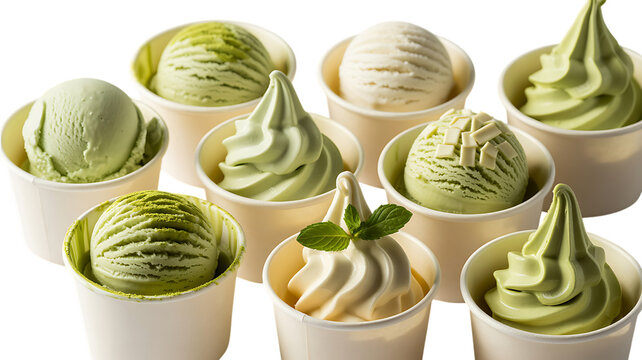 Indulge in refreshing matcha and vanilla ice cream cups, perfect for a cool treat on a warm day, a delightful dessert, or a sweet snack, offering a variety of flavors
