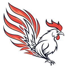 Fiery Rooster with Orange Flame-like Tail Feathers on White Background cock bird